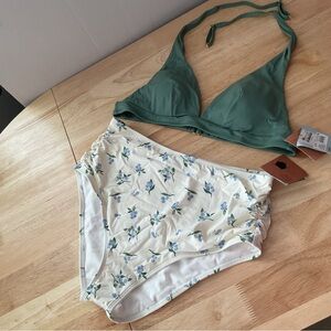 2 Pc Swimsuit Sage Green Cream  Berry XL Bikini Top Lg High Waist Bikini Bottom